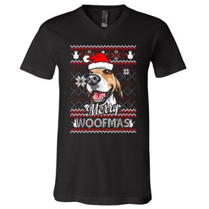 Merry Woofmas Tricolor Beagle Dog Santa Ugly Christmas V-Neck T-Shirt