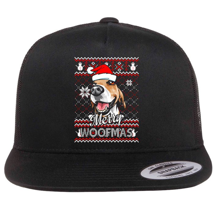 Merry Woofmas Tricolor Beagle Dog Santa Ugly Christmas Flat Bill Trucker Hat