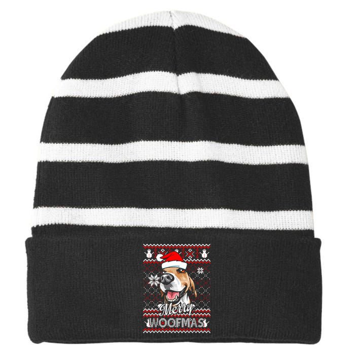 Merry Woofmas Tricolor Beagle Dog Santa Ugly Christmas Striped Beanie with Solid Band