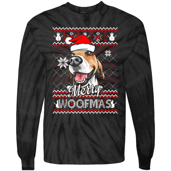 Merry Woofmas Tricolor Beagle Dog Santa Ugly Christmas Tie-Dye Long Sleeve Shirt