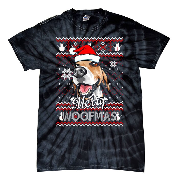 Merry Woofmas Tricolor Beagle Dog Santa Ugly Christmas Tie-Dye T-Shirt