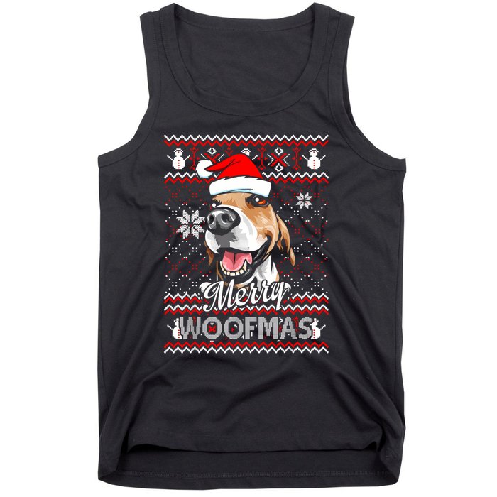 Merry Woofmas Tricolor Beagle Dog Santa Ugly Christmas Tank Top