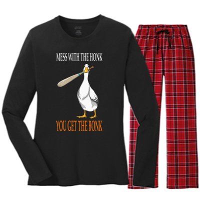 Mess With The Honk Goose Game Gamer Wooden Club Computer Women's Long Sleeve Flannel Pajama Set 