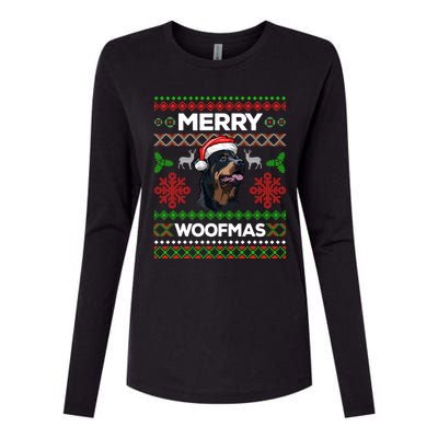 Merry Woofmas Ugly Sweater Christmas Rottweiler Lover Gift Womens Cotton Relaxed Long Sleeve T-Shirt