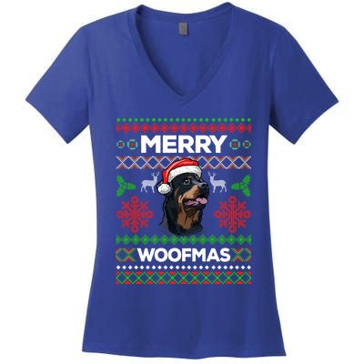 Merry Woofmas Ugly Sweater Christmas Rottweiler Lover Gift Women's V-Neck T-Shirt