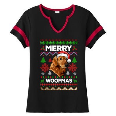 Merry Woofmas Ugly Sweater Christmas Golden Retriever Lover Gift Ladies Halftime Notch Neck Tee