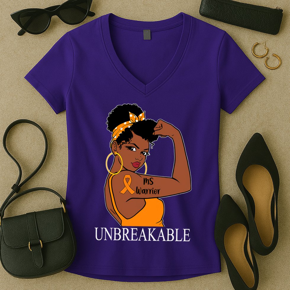 Ms Warrior Unbreakable Multiple Sclerosis Awareness Black Women Women's V-Neck T-Shirt