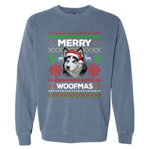 Merry Woofmas Ugly Sweater Christmas Siberian Husky Lover Gift Garment-Dyed Sweatshirt