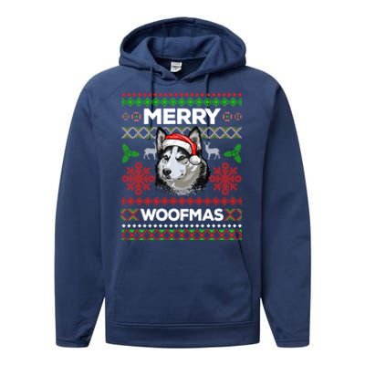 Merry Woofmas Ugly Sweater Christmas Siberian Husky Lover Gift Performance Fleece Hoodie