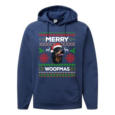 Merry Woofmas Ugly Sweater Christmas Rottweiler Lover Gift Performance Fleece Hoodie