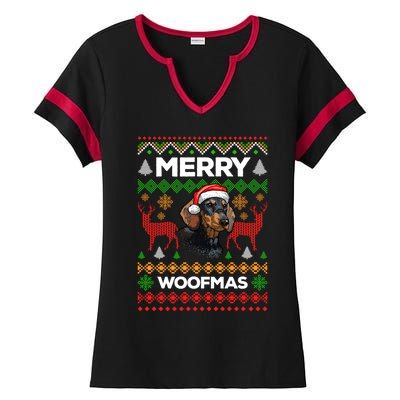 Merry Woofmas Ugly Sweater Christmas Dachshund Lover Gift Ladies Halftime Notch Neck Tee