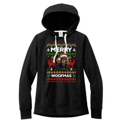 Merry Woofmas Ugly Sweater Christmas Dachshund Lover Gift Women's Fleece Hoodie