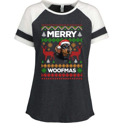 Merry Woofmas Ugly Sweater Christmas Dachshund Lover Gift Enza Ladies Jersey Colorblock Tee