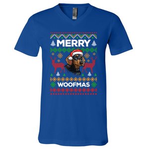 Merry Woofmas Ugly Sweater Christmas Dachshund Lover Gift V-Neck T-Shirt