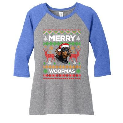 Merry Woofmas Ugly Sweater Christmas Dachshund Lover Gift Women's Tri-Blend 3/4-Sleeve Raglan Shirt