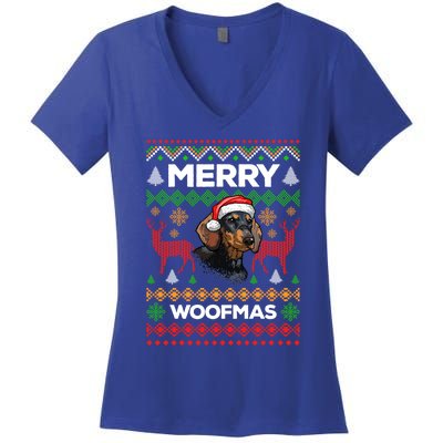 Merry Woofmas Ugly Sweater Christmas Dachshund Lover Gift Women's V-Neck T-Shirt