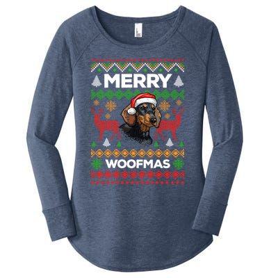 Merry Woofmas Ugly Sweater Christmas Dachshund Lover Gift Women's Perfect Tri Tunic Long Sleeve Shirt