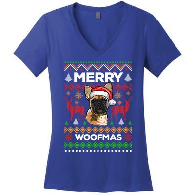 Merry Woofmas Ugly Sweater Christmas French Bulldog Lover Cute Gift Women's V-Neck T-Shirt