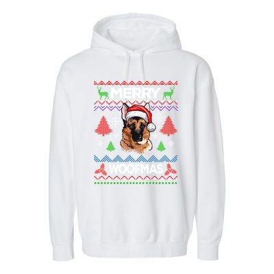 Merry Woofmas Ugly Sweater Christmas Ger Shepherd Lover Gift Garment-Dyed Fleece Hoodie