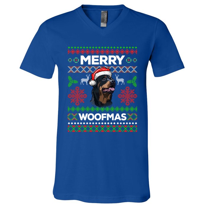 Merry Woofmas Ugly Sweater Christmas Rottweiler Lover Gift V-Neck T-Shirt