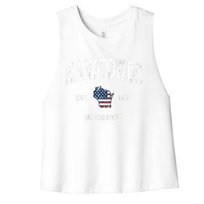 Manitowoc Wisconsin Wi Vintage American Flag Sports Design Women's Racerback Cropped Tank