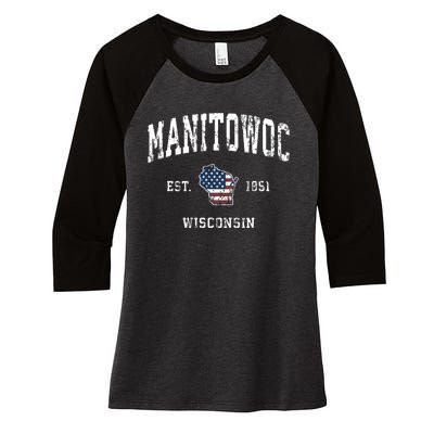 Manitowoc Wisconsin Wi Vintage American Flag Sports Design Women's Tri-Blend 3/4-Sleeve Raglan Shirt