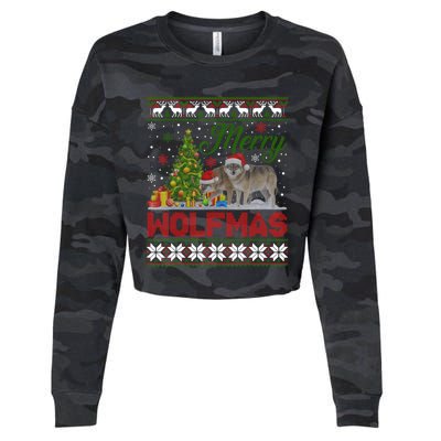 Merry Wolfmas Wolf Christmas Tree Funny Animal Lovers Xmas Cropped Pullover Crew