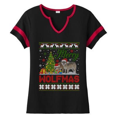 Merry Wolfmas Wolf Christmas Tree Funny Animal Lovers Xmas Ladies Halftime Notch Neck Tee