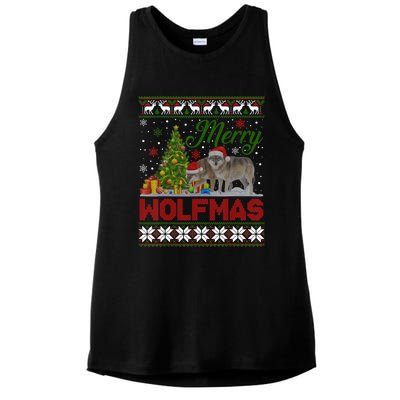 Merry Wolfmas Wolf Christmas Tree Funny Animal Lovers Xmas Ladies PosiCharge Tri-Blend Wicking Tank