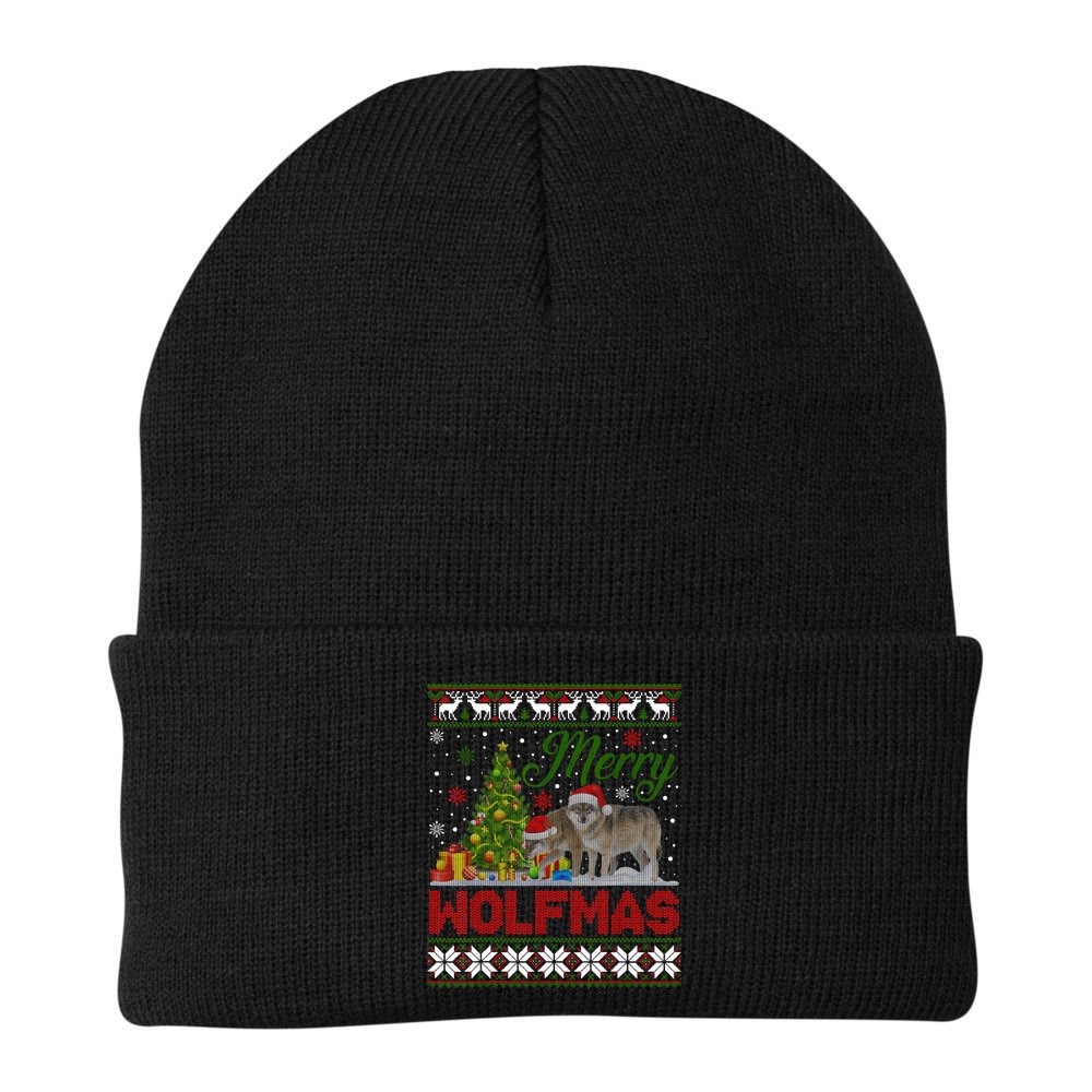 Merry Wolfmas Wolf Christmas Tree Funny Animal Lovers Xmas Beanie