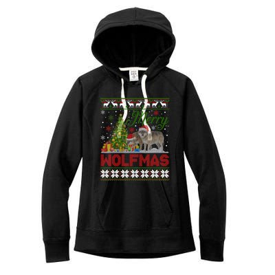 Merry Wolfmas Wolf Christmas Tree Funny Animal Lovers Xmas Women's Fleece Hoodie