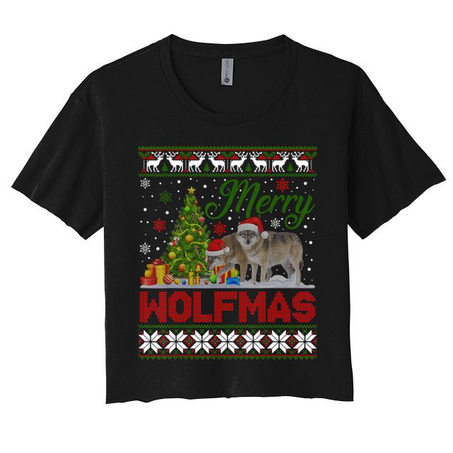 Merry Wolfmas Wolf Christmas Tree Funny Animal Lovers Xmas Crop Top