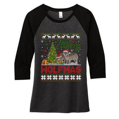 Merry Wolfmas Wolf Christmas Tree Funny Animal Lovers Xmas Women's Tri-Blend 3/4-Sleeve Raglan Shirt