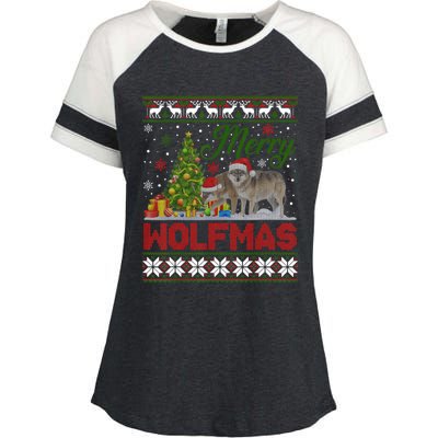 Merry Wolfmas Wolf Christmas Tree Funny Animal Lovers Xmas Enza Ladies Jersey Colorblock Tee