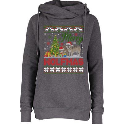 Merry Wolfmas Wolf Christmas Tree Funny Animal Lovers Xmas Womens Funnel Neck Pullover Hood