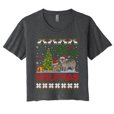 Merry Wolfmas Wolf Christmas Tree Funny Animal Lovers Xmas Women's Crop Top Tee