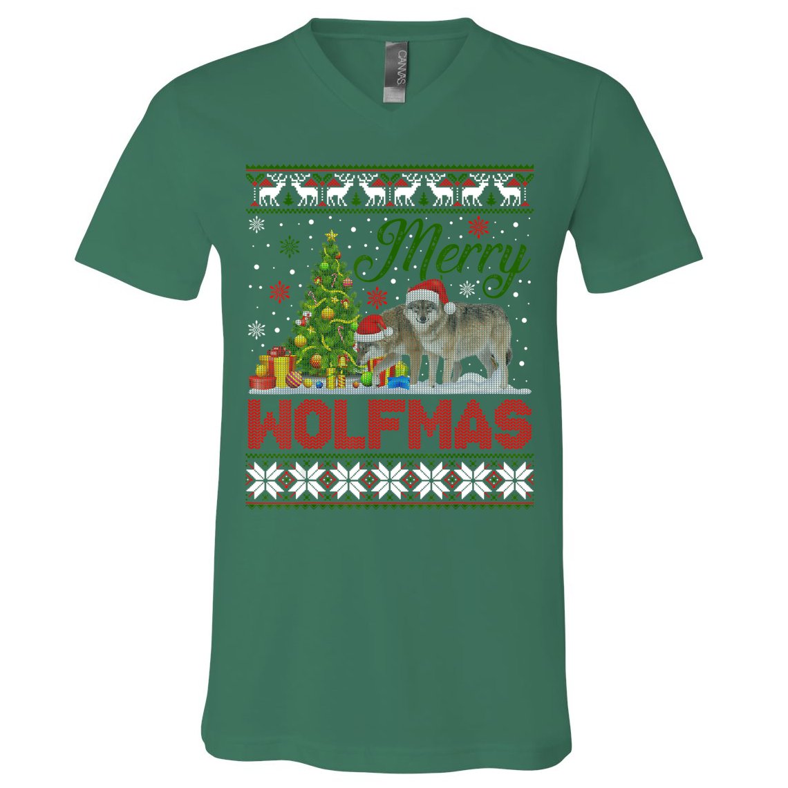 Merry Wolfmas Wolf Christmas Tree Funny Animal Lovers Xmas V-Neck T-Shirt