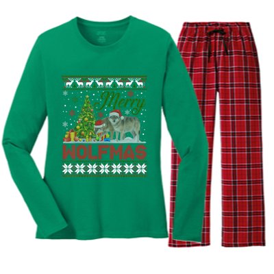 Merry Wolfmas Wolf Christmas Tree Funny Animal Lovers Xmas Women's Long Sleeve Flannel Pajama Set 