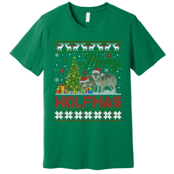 Merry Wolfmas Wolf Christmas Tree Funny Animal Lovers Xmas Premium T-Shirt