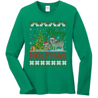 Merry Wolfmas Wolf Christmas Tree Funny Animal Lovers Xmas Ladies Long Sleeve Shirt