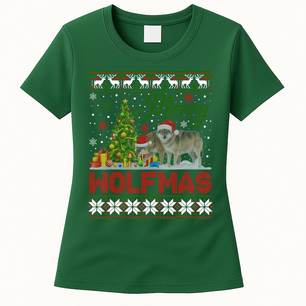 Merry Wolfmas Wolf Christmas Tree Funny Animal Lovers Xmas Womens T-Shirt