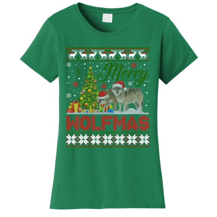 Merry Wolfmas Wolf Christmas Tree Funny Animal Lovers Xmas Women's T-Shirt