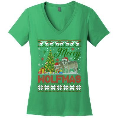 Merry Wolfmas Wolf Christmas Tree Funny Animal Lovers Xmas Women's V-Neck T-Shirt