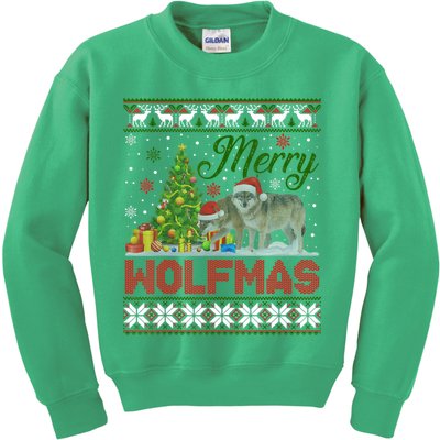 Merry Wolfmas Wolf Christmas Tree Funny Animal Lovers Xmas Kids Sweatshirt