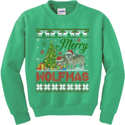 Merry Wolfmas Wolf Christmas Tree Funny Animal Lovers Xmas Kids Sweatshirt