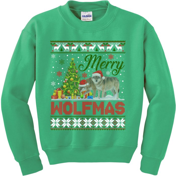 Merry Wolfmas Wolf Christmas Tree Funny Animal Lovers Xmas Kids Sweatshirt