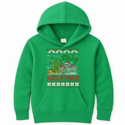 Merry Wolfmas Wolf Christmas Tree Funny Animal Lovers Xmas Kids Hoodie