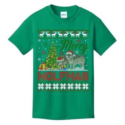 Merry Wolfmas Wolf Christmas Tree Funny Animal Lovers Xmas Kids T-Shirt