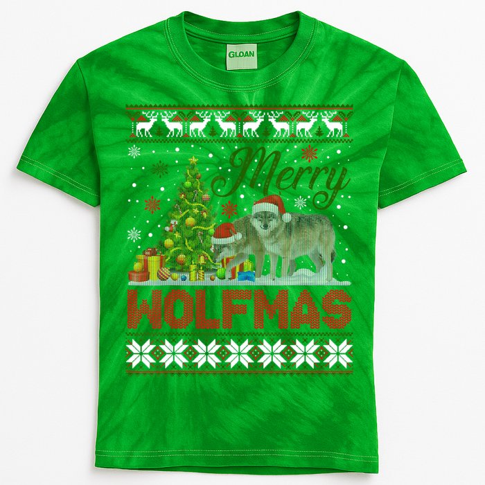 Merry Wolfmas Wolf Christmas Tree Funny Animal Lovers Xmas Kids Tie-Dye T-Shirt