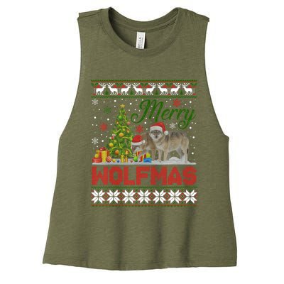 Merry Wolfmas Wolf Christmas Tree Funny Animal Lovers Xmas Women's Racerback Cropped Tank